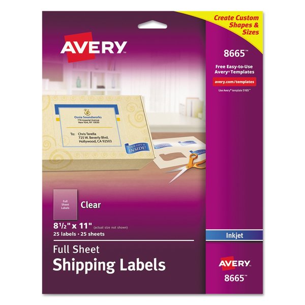 Avery Matte Clear Shipping Labels, Inkjet Printers, 8.5 x 11, Clear, PK25 08665